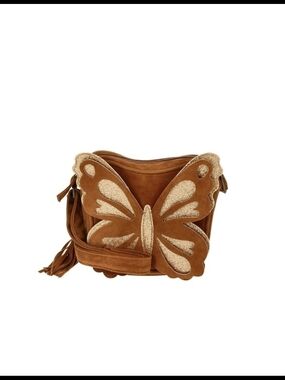 Butterfly Accent Suede Crossbody Bag - Brown with Bear Charm